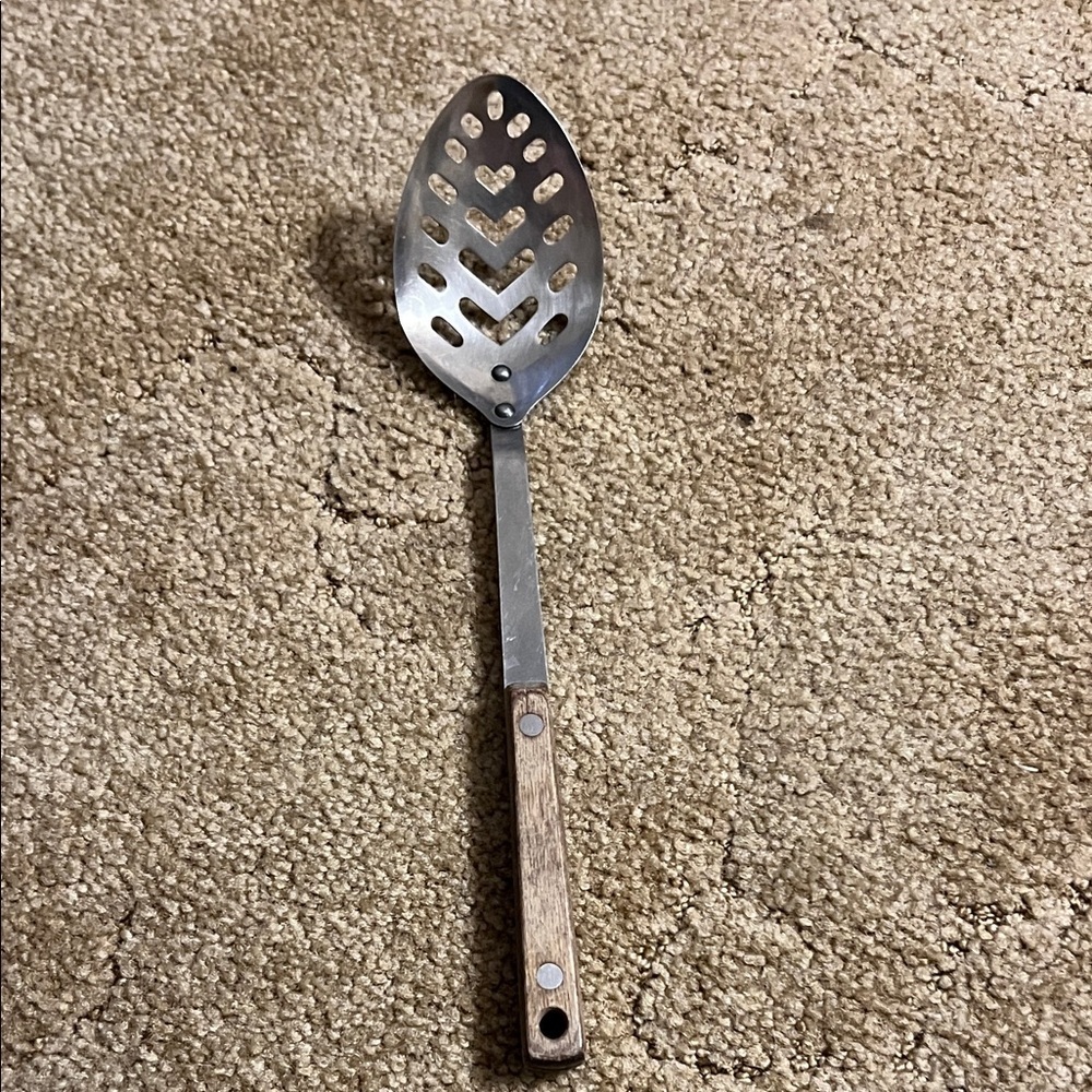 Vintage Stainless Steel Slotted Spoon with Wooden Handle